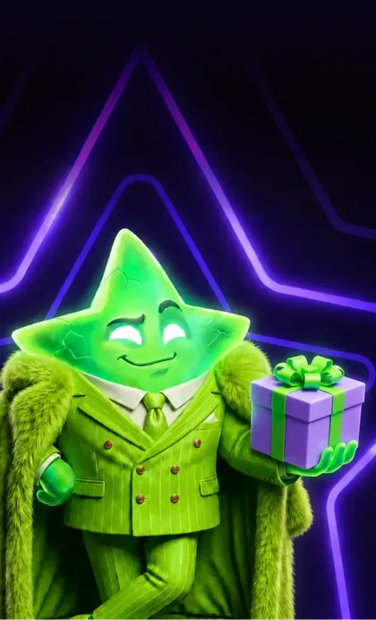 LuckyBoom-mascotte met een cadeau